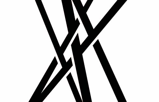 Abstraktes Kunstwerk mit sich überschneidenden schwarzen Linien auf weißem Hintergrund. Die Linien überlagern sich diagonal und schaffen so eine energiegeladene und dynamische Komposition.